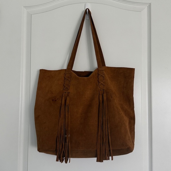 Argentine Real Suede British Tan Cognac Tote Bag with Tassels - Picture 4 of 14